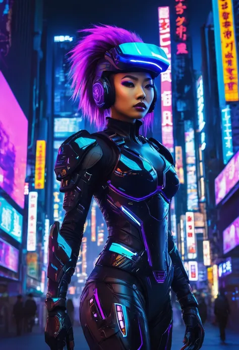 The image depicts a futuristic female warrior standing in a vibrant, neon-lit urban environment. She is adorned with cybernetic enhancements, including a sleek, black armor that covers her torso and arms, and a high-tech helmet with a visor that reflects t...