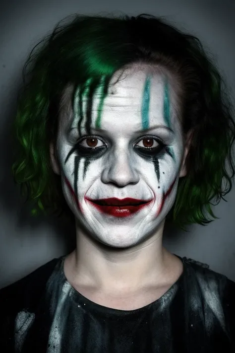 Arrest mugshot of fixty-six-year-old Molly Ringwald as a female Joker, grinning, with messy unwashed green hair, white face paint, smeared red lipstick, Glasgow scars on cheeks, extremely realistic, extremely detailed, extremely accurate resemblance, extre...