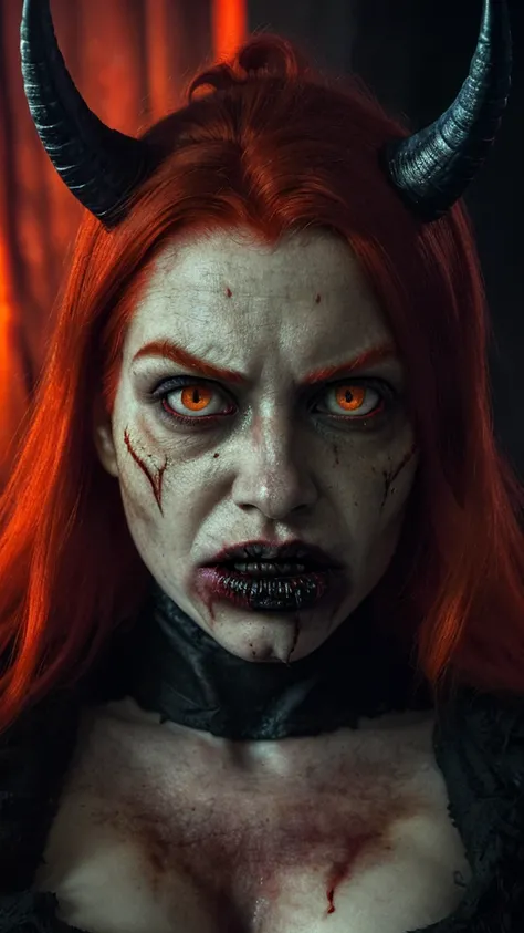 (best quality,ultra-detailed,realistic),horror,detailed fiery eyes,watchful and unsettling appearance,red hair,monster mouth,horns on the head,portrait,high contrast lighting,ominous colors.