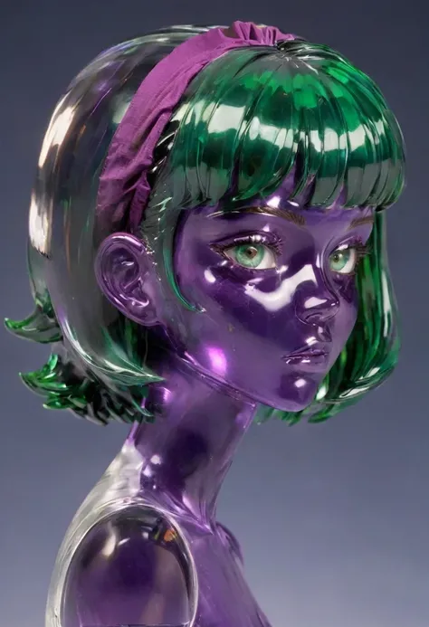 girl, Faye Valentine, bob cut, solo, green eyes, purple hair, hairband, Glass Sculptures, best quality, masterpiece, very aesthetic, perfect composition, intricate details, ultra-detailed