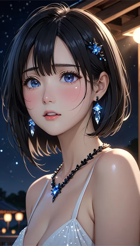 National Science Foundation,masterpiece,High resolution,8K,Art,digit,Kyoto Animation Style,your name movie style,Facing the camera,night,midnight,Soft Light,Glowing skin,(1 female: 1.3),(alone: 1.4),(((long black hair))),(Upper body naked),(crystal hairpin...