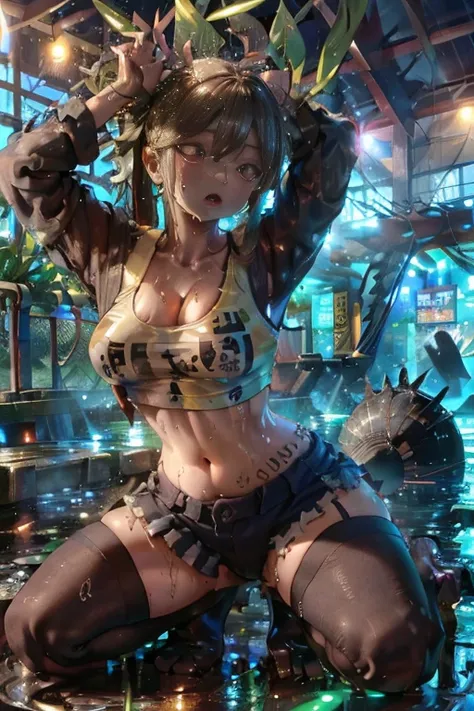 masterpiece, highest quality, realistic, 1 girl, Jungle Lake, A soaking wet and tattered tank top, river, night, Clothes are torn to tatters, female soldier, beautiful long hair, big ass, , realistic beautiful legs, Clothes with large rips at the chest, Sq...