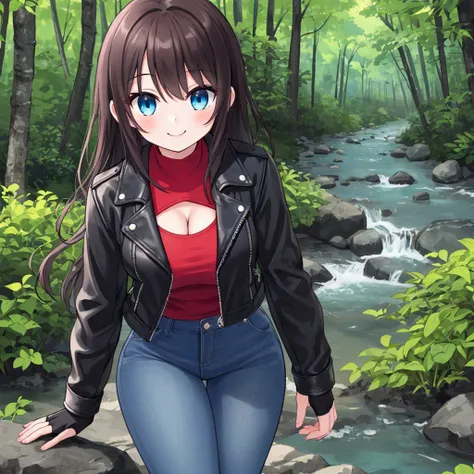 A Cute Girl, hiking in a dense Forest, with a small river in the background. She has Long Dark-Brown hair, Beautiful Blue eyes, Super wide hips, mildly muscular, fairly short, and is Ultra Busty. She is wearing: an (old worn, Black Leather Jacket), a (Low-...