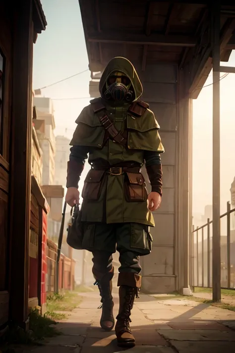 Caucasian man between 30 and 35 years old wears a cape and gas mask that covers his entire face, mochila y ropas negras, botas estilo militar y de complexion entre fuerte y dellgado, camina por la ciudad, en el fondo no hay nadie en la ciudad, y todo esta ...