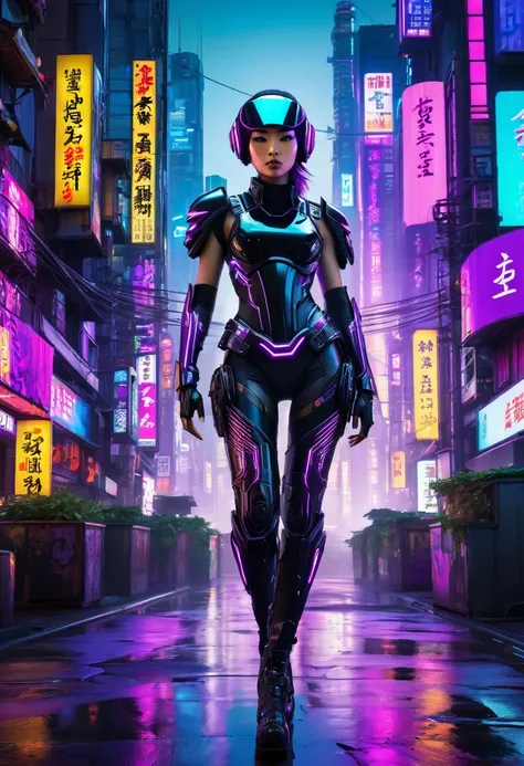 The image depicts a futuristic female warrior standing in a vibrant, neon-lit urban environment. She is adorned with cybernetic enhancements, including a sleek, black armor that covers her torso and arms, and a high-tech helmet with a visor that reflects t...