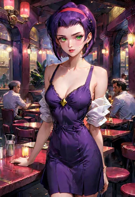 girl, faye valentine, cowboy bebop, bob cut, solo, green eyes, purple hair, hairband, restaurant, neat dress, 1980s (style), bes...