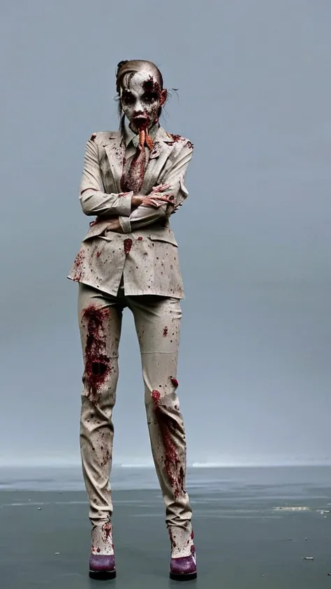 zombie woman, hiper realista, head to toe image, corpo necrosando, roupas sujas e rasgadas