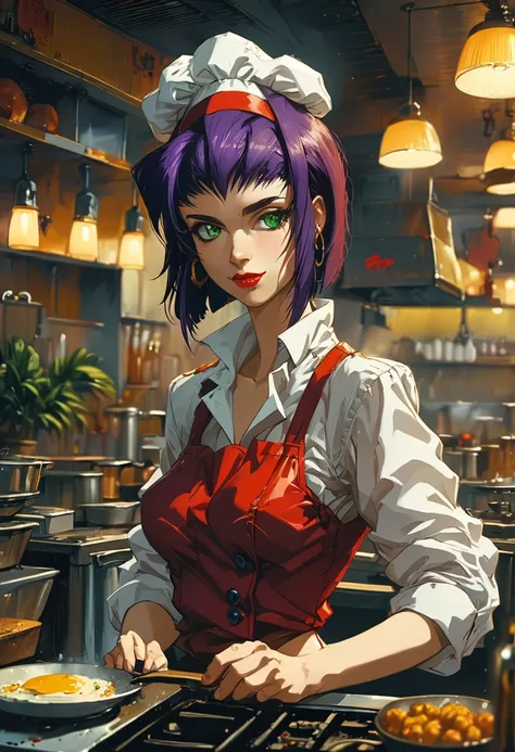 girl, Faye Valentine, Cowboy Bebop, bob cut, solo, green eyes, purple hair, hairband, restaurant, Chef Uniform, hat, cooking, 1980s (style), best quality, masterpiece, very aesthetic, perfect composition, intricate details, ultra-detailed