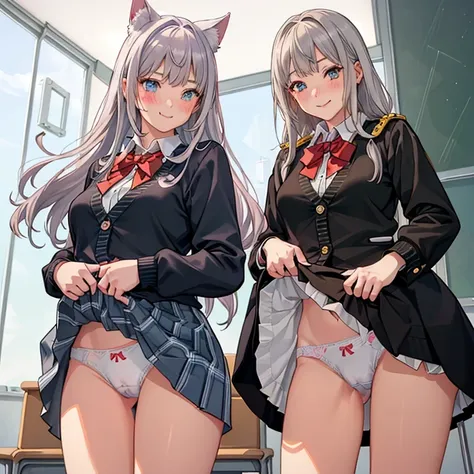 ((2 girls))、(smile:1.5)、Small breasts、（Cowboy Shot）、(fun!!)、(cardigan)、(Silver Hair)、(blush:1.4)、Dog ears、()、(Eye highlights:1.3)、blake black shoes,(黒いskirt)、bow, button, shirt with collar, Long sleeve,  ((red bow tie, , Black jacket, Open jacket, 茶色のcardi...