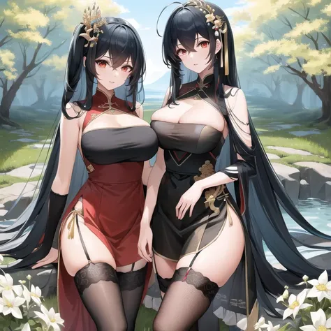 ((masterpiece, best quality;1.3)), ultra detailed,  extremely detailed and beautiful background, looking at viewer,long hair, 1girl, taihouphoenix, thighhighs, black thighhighs,mole on breast, mole under eye, bare shoulders, china dress, fishnets, hair orn...