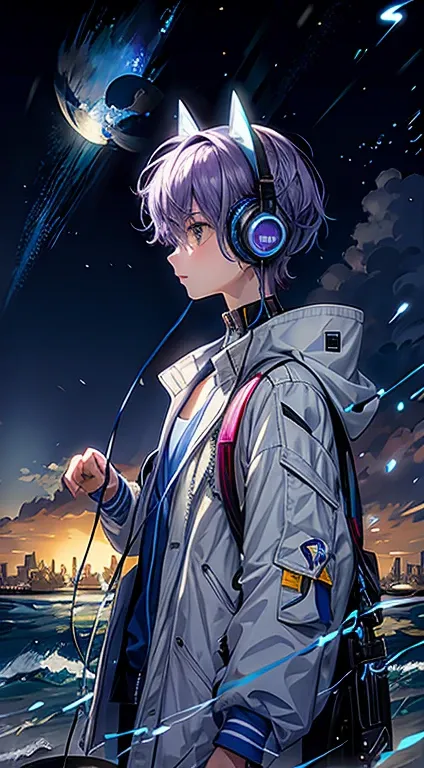 Blue coat，Light purple hair，beachside，the sea，With blue illuminated headphones，nigh sky，shoun