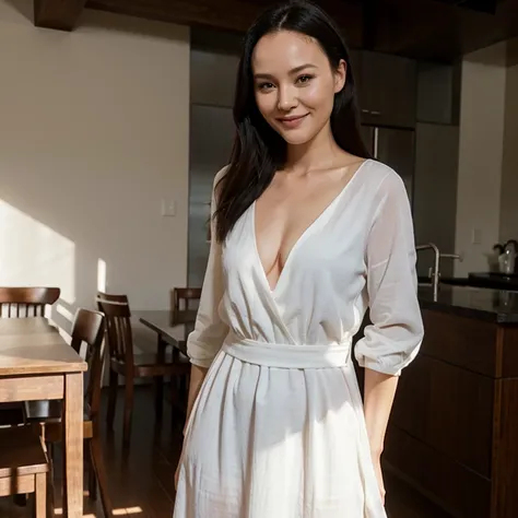 Pom Klementieff wearing long v-neck dress smiling