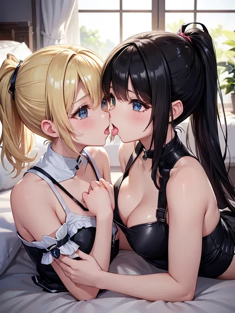 (((Browsing Caution)))、highest quality、masterpiece　Lesbian　joy　Intertwining tongues　beautiful girl　black hair and blonde ponytail　On the bed. Caution required when viewing.、Small breasts、Blowjob、2 girls