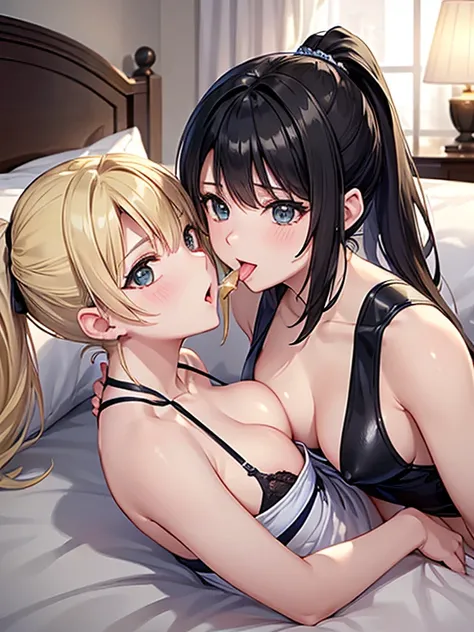 (((Browsing Caution)))、highest quality、masterpiece　Lesbian　joy　Intertwining tongues　beautiful girl　black hair and blonde ponytail　On the bed. Caution required when viewing.、Small breasts、Blowjob、2 girls