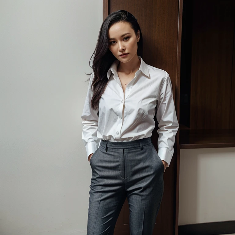 Pom Klementieff dressed in dress shirt with pants