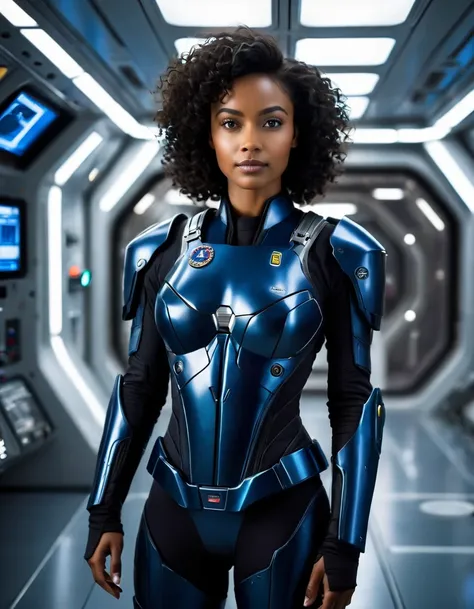 Aristic photograph, Hollywood action movie cinematic film still of etremally beautiful 20 years old ebony woman as a futuristic soldier, solo, wearing futuristic dark blue and black armor without helmet, medium length curly and black hair, dark eyes, highl...