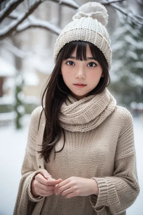 one girl, (a beauty girl, delicate girl:1.3), (13 years old:1.3),
break, Browsing Caution, (publish nudes:1.3), (scarf, Knitted hat:1.3),
break, Very fine grain definition, (Symmetrical eyes:1.3),
break, (Snow Scene:1.3),
break, Small breasts, Brown eyes, ...