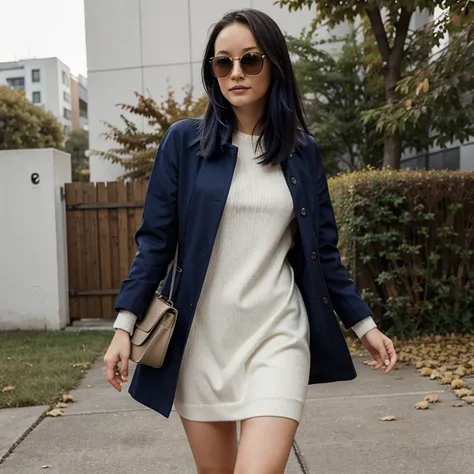 Pom Klementieff in autumn weather dressed in light clothing