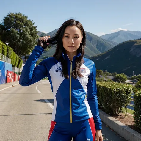 Pom Klementieff dressed as an Olympic athlete