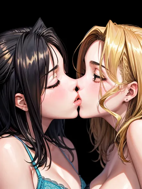 masterpiece, quality, A high resolution,((( 2 girls))), ((Yuri)), ((this kiss:1.4)), giving a hot kiss, in the bedroom, sexy lingerie, big