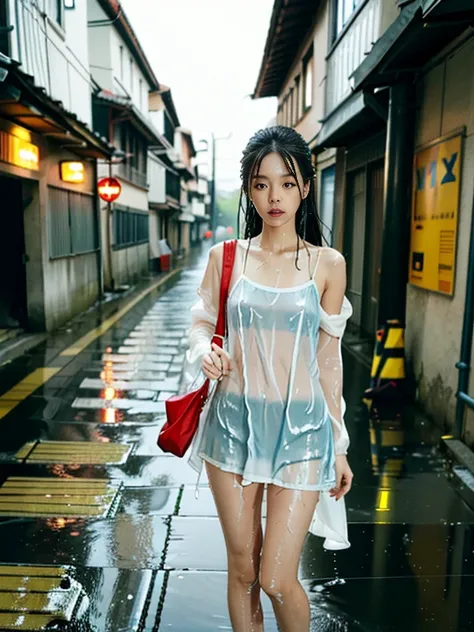 Best picture quality, masterpiece, ultra high resolution, (fidelity :1.4), photo, 1 girl,[lost], beautiful, pretty Korean in a drenched skimpy summer dress (Wet clothes:1.4), skinny, thin, , bare shoulders, Real rain,wet hair, standing in the rain in a dir...