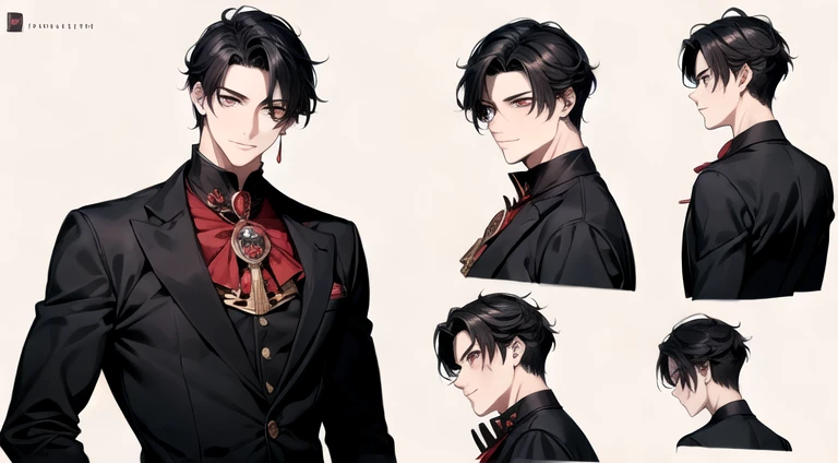 ((masterpiece)),(((best quality))),(character design sheet,same character,front,side,back), Reference sheet of a serious man, short black hair, red eyes, smiling, black sailor outfit, golden rose as accessory, detailed face, detailed hair, (simple backgrou...