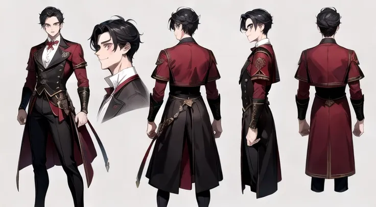 ((masterpiece)),(((best quality))),(character design sheet,same character,front,side,back), Reference sheet of a serious masculine male man, short black hair, red eyes, smiling, black sailor outfit with golden bows, red rose as accessory, detailed face, de...