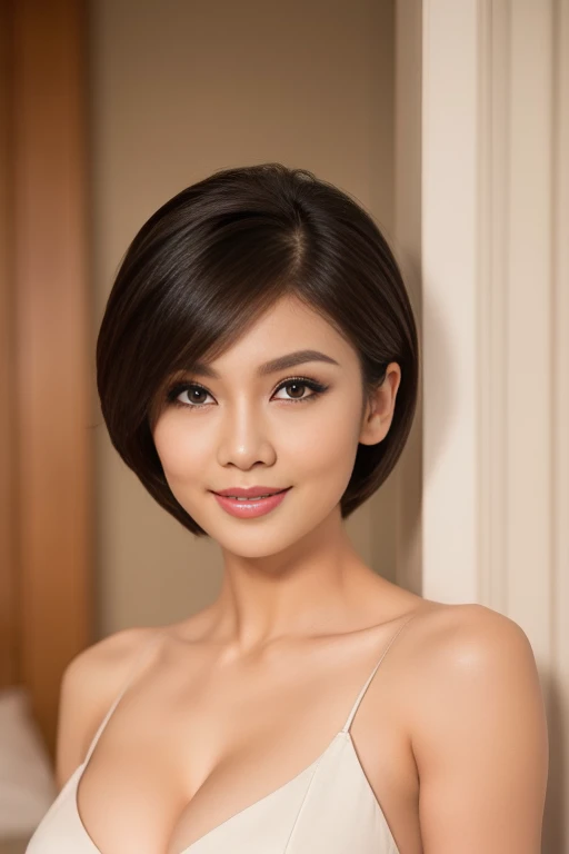 Captivating a sexy seductive and elegant thailand woman, large eyes, highly detailed eyes, tomboy haircut, white hair, seductive smirking expression , flat stomach, wearing a tight transparant bedtime dressed , confident expression,  exclusive suite room a...