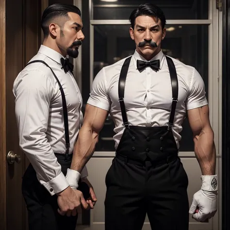 Dudley, street fighter character, white shirt with bow tie, black pants, black suspender, black boxing gloves, handlebar mustache, short hair, muscular body, age 50, 