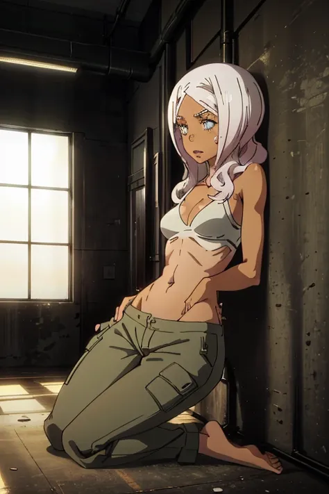 imagine a stunning anime girl with tan skin, wearing a bikini top and cargo pants, lying on the floor in a state of starvation a...