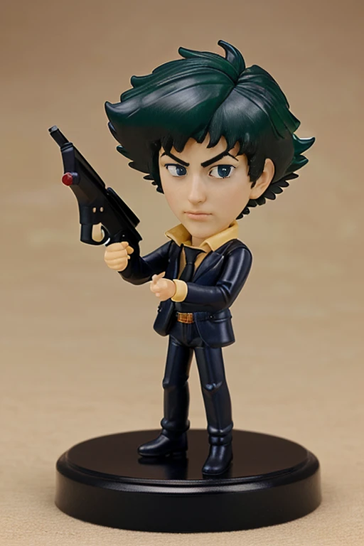 (best quality,realistic,ultra-detailed), small Spike Spiegel figure, small bobble head figure of Spike Spiegel from Cowboy Bepop, small plastic Spike Spiegel figure with big nodding head, dynamic pose with gun and cigarette