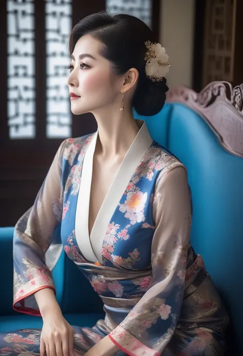 a woman in her 50s wearing a floral dress sitting on a sofa, china dress, china dress, chinese girl, chinese women, traditional ...