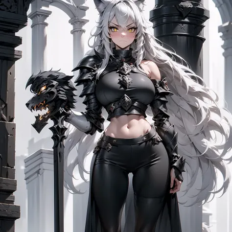 solo, full body portrait, 8k, a visually stunning tall beautiful young woman, detailed knight armor, fluffy wolf ears, white pal...