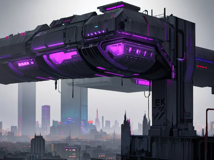 Dark sci-fi art, dystopian art, hopeless art, High cityscapes, paly purple lights, pale fog, pale smog, wet concrete, cold night, view from roof, highly detailed art, many details, masterpiece