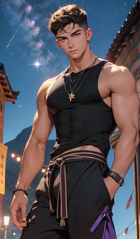 young man, defined body.  Handsome, brown hair, clear purple eyes, masculine, hairless muscles, black hooded tank top, Tibetan bracelet, lapiz lazuli stone pendant, hands in pockets, looking up, background dark, stars, ruined temple, Little light, purple l...