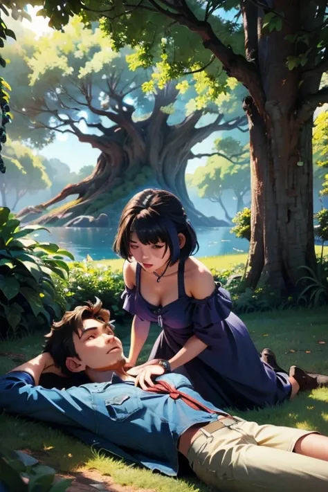 couple of lovers are lying under a huge tree in another world