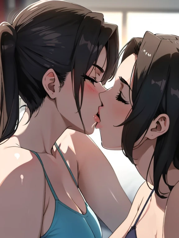 masterpiece, quality, A high resolution,((( 2 girls))), ((Yuri)), ((this kiss:1.4)), giving a hot kiss, in the bedroom, sexy lingerie, big