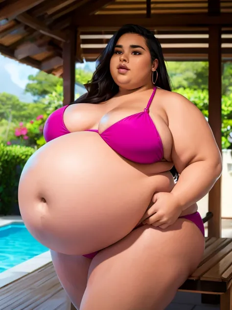 Fat Polynesian woman, pink bikini, chubby body,bbw, morbidly obese, fat, Big pregnant round belly, uncomfortable, holding belly 