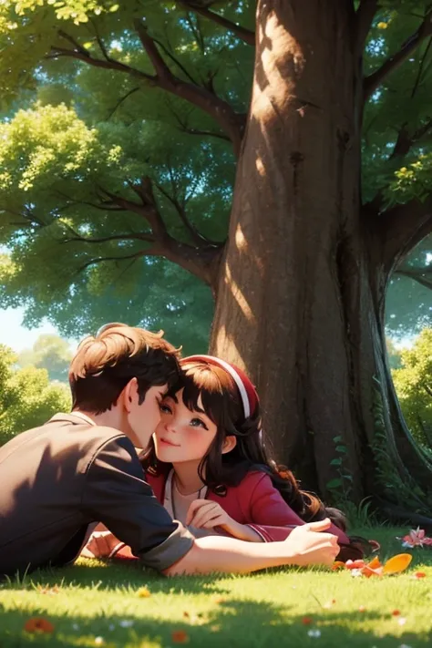 couple of lovers are lying under a huge tree in another world