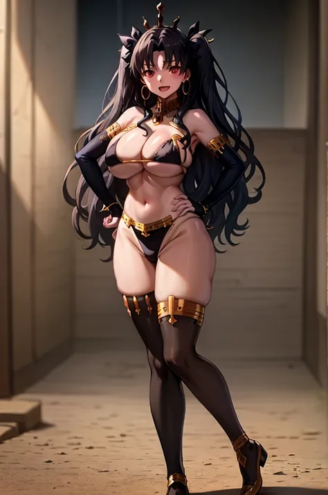 best quality, (Masterpiece:1.2), detailed, blurred background, ishtar, 1 girl, body bimbo, (big breast), large breast, alone, open mouth, light smile, black hair, red eyes, two sides up, black bow, crown, hoop earrings , white bikini top, black bikini bott...