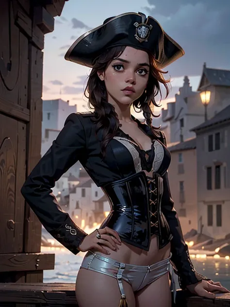 una chica, solo, (busto, cuerpo completo, vista frontal:1.2), ojos negros, jenna ortega, capitán jack sparrow, pirata, pirata ha...