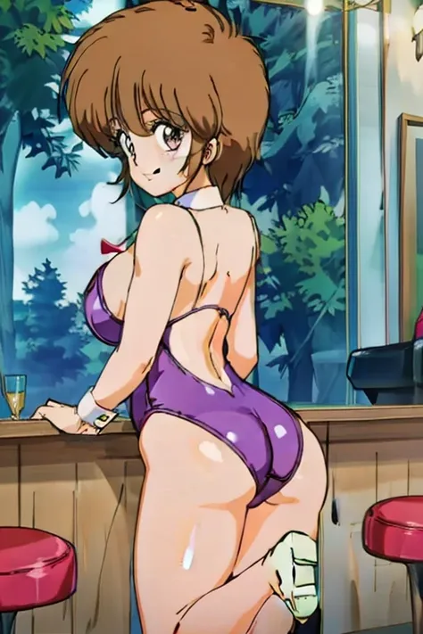 I girl, Hiyama Hikaru, from behind, playboy bunny, big breasts, smile , ass, standing on one leg, indoors, bar
