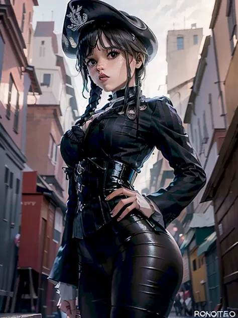 Una chica, solo, (Busto, cuerpo completo, Vista frontal:1.2), ojos negros, jenna ortega, Capitán Jack Sparrow, pirata, pirata hat, pirata outfit, corset, (pecho plano, pecho masculino, small breasts, pechos diminutos, escote, senos visibles :1.3), (Obra ma...