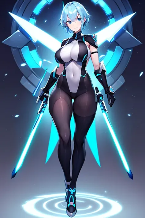 1girl, white skin, light skin, smile, light smile, blue hair, short hair, blue eyes, large breasts, breasts, wide hips, black bodysuit, bodysuit, sleeves, short sleeves, pantyhose, black pantyhose, futuristic, science-fiction, neon trim, neon, full_body, (...