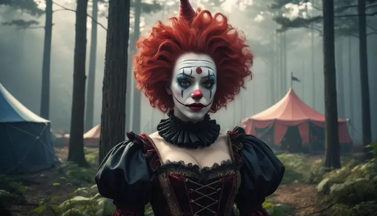 Commercial photography of a beautiful woman clown with long neck tall incredibly beautiful in a pine forest with a circus tent in the background and a camp fire (foggy:1.2), silhouetted in soft shadow, clowns hiding behind trees peaking their heads out to ...