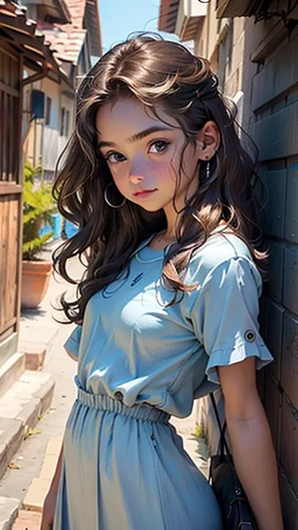 12 year old teenager, cuerpo completo, hermosos ojos, wavy brown hair, vestido corto ajustado al cuerpo, color azul. De pie mirando al espectador, exprecion de deseo.