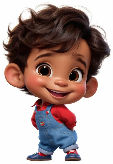 Disney Pixar style of 2 year old boy smiling,cara de sapeca, pele morena, cabelo curto escuro encaracolado, olhos grandes puxados castanho, full mouth child&#39;s body wearing light blue overalls or dungarees with red blouse facing forward, sapato azul