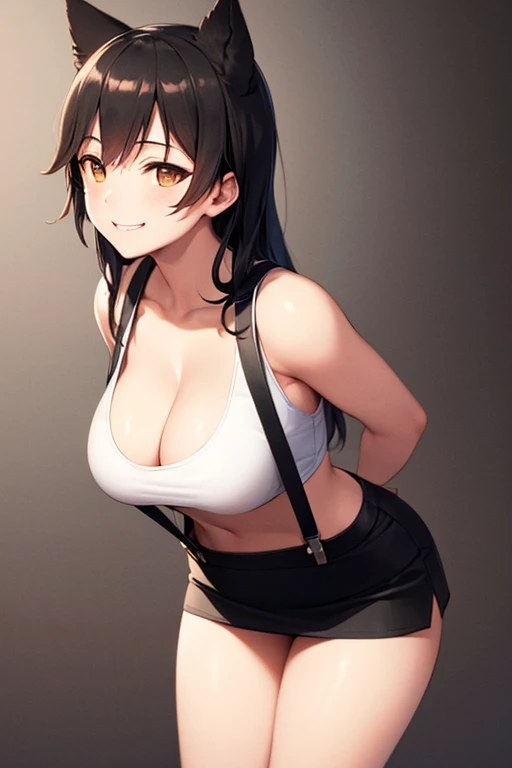 perfect face, atago, black hair, long hair, brown eyes, animal ears, ((dark background)), facing forward, cowboy shot, lust smile, in the center, giant breasts, ((bending over)), hands out of sight, ((white tank top, black miniskirt, black suspenders)),