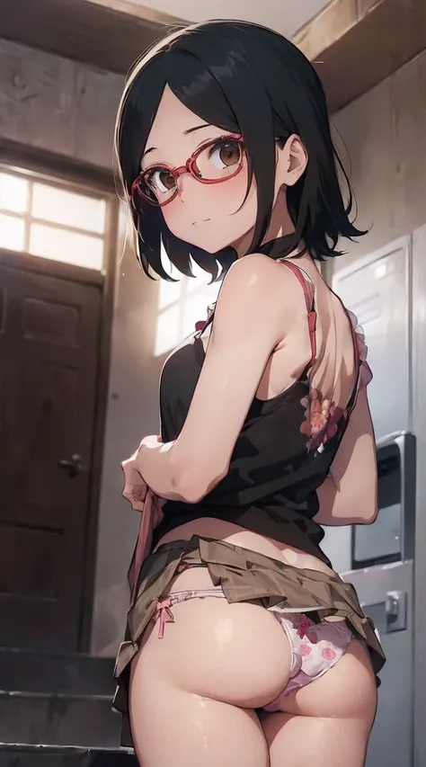 (brown eyes:1.5),jet Black hair, short shoulder length hair, pure black eyes, frameless glasses (one side up:1.2),
BREAK bare shoulders, collarbone, pink shirt, puffy short sleeves, puffy sleeves, red bow, shirt, short sleeves, skirt, white skirt, masterpi...