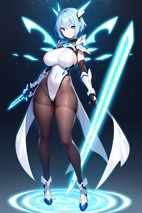 1girl, white skin, light skin, smile, light smile, blue hair, short hair, blue eyes, large breasts, breasts, wide hips, black bodysuit, bodysuit, sleeves, short sleeves, pantyhose, black pantyhose, futuristic, science-fiction, neon trim, neon, full_body, (...